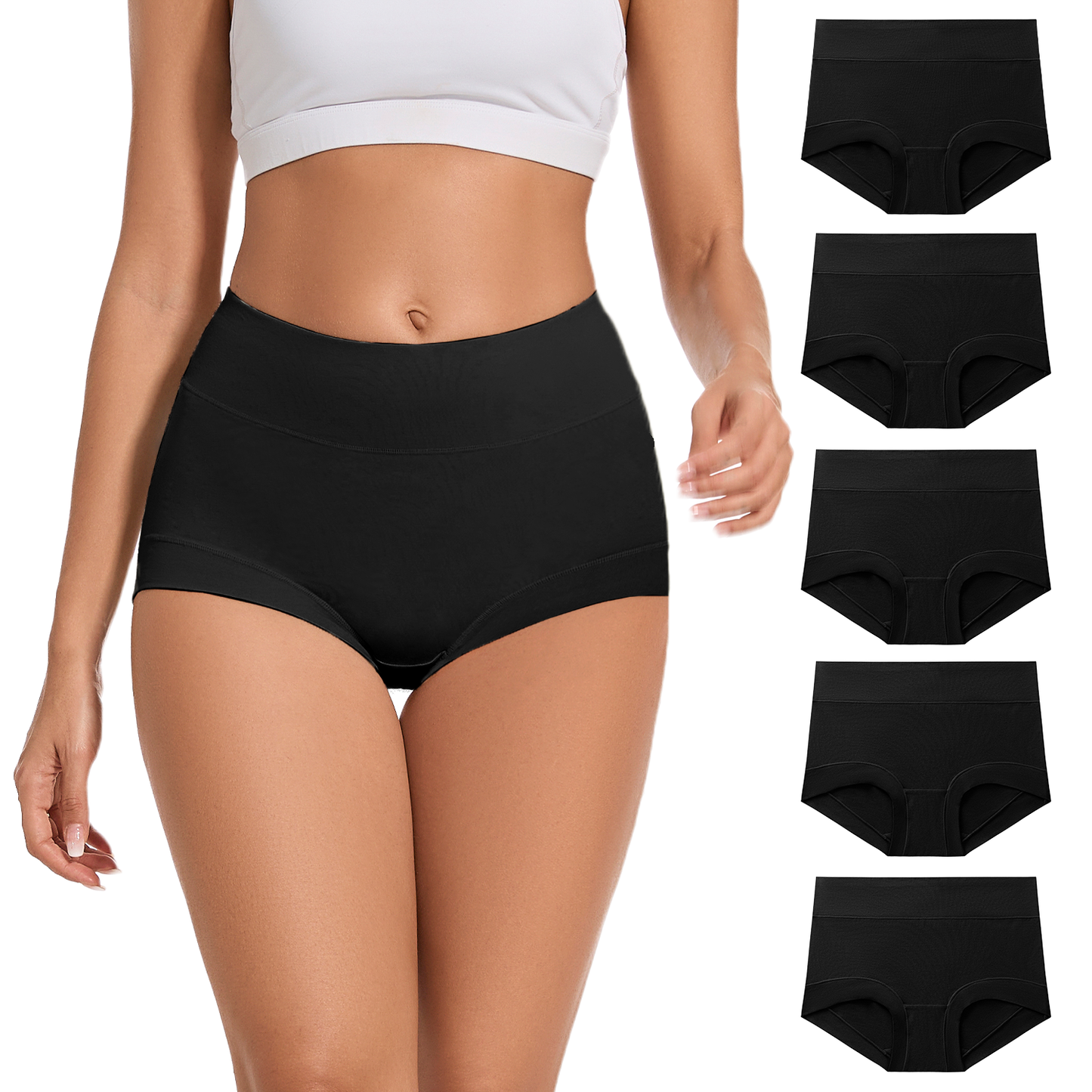 5 Pack Womens Cotton High Waisted Full Coverage Underwear(Regular & Plus Size)（Black）